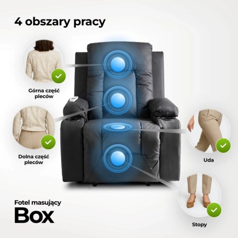 Fotel Masujący BOX Rozkładany Wypoczynkowy z Podnóżkiem Czarny Ekoskóra Nowoczesny