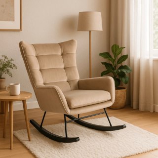 Fotel Bujany na Biegunach Uszak Wypoczynkowy JACKSON Beżowy Welurowy do Salonu Nowoczesny