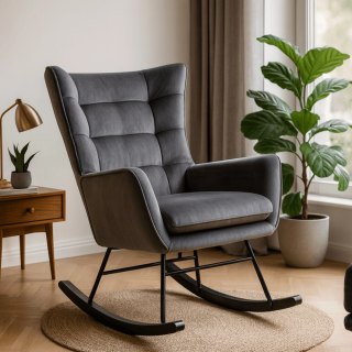 Fotel Bujany na Biegunach Uszak Wypoczynkowy JACKSON Szary Welurowy do Salonu Nowoczesny