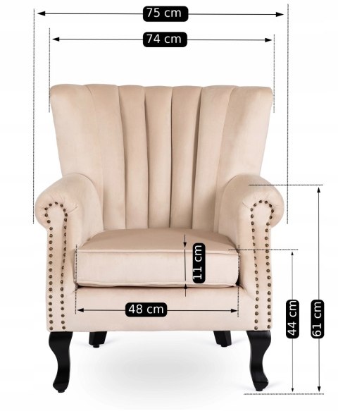 Fotel Uszak Wypoczynkowy MALLO Beżowy Welurowy Nowoczesny Glamour