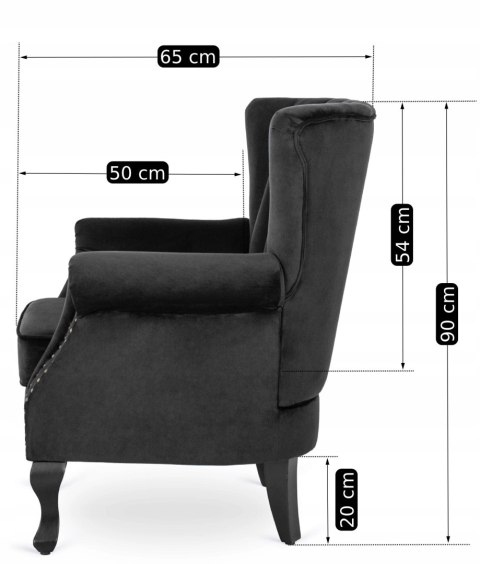 Fotel Uszak Wypoczynkowy MALLO Czarny Welurowy Nowoczesny Glamour