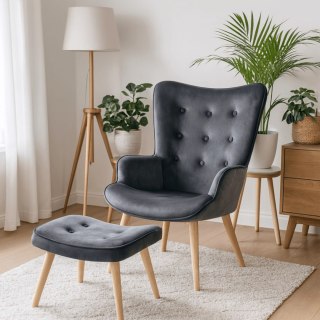 Fotel Wypoczynkowy LOZANO z Podnóżkiem Szary Welurowy