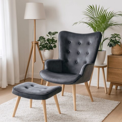 Fotel Wypoczynkowy LOZANO z Podnóżkiem Szary Welurowy