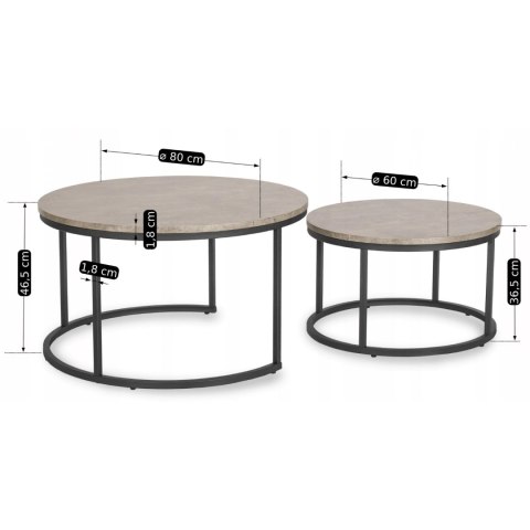 Zestaw Stolików Kawowych ROCKY MAX 60 cm/80 cm Szary Beton Nowoczesny Loft