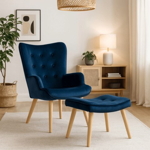 Fotel Wypoczynkowy LOZANO z Podnóżkiem Granatowy Welurowy