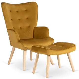 Fotel Wypoczynkowy LOZANO z Podnóżkiem Musztardowy Welurowy