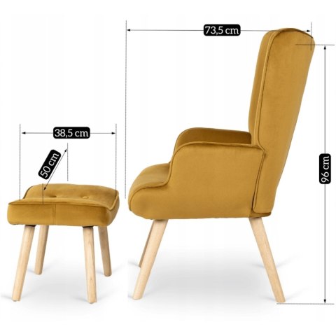 Fotel Wypoczynkowy LOZANO z Podnóżkiem Musztardowy Welurowy