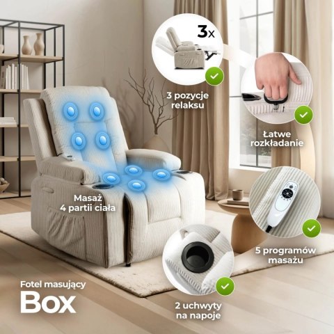 Fotel Masujący BOX Rozkładany Wypoczynkowy z Podnóżkiem Beżowy Sztruksowy Nowoczesny