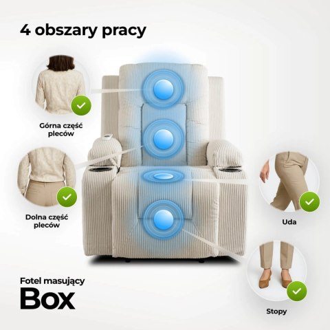 Fotel Masujący BOX Rozkładany Wypoczynkowy z Podnóżkiem Beżowy Sztruksowy Nowoczesny