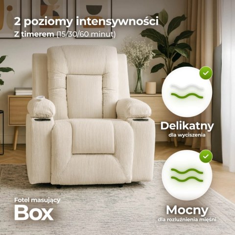 Fotel Masujący BOX Rozkładany Wypoczynkowy z Podnóżkiem Beżowy Sztruksowy Nowoczesny