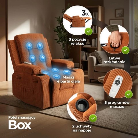 Fotel Rozkładany Masujący BOX Rudy Sztruksowy