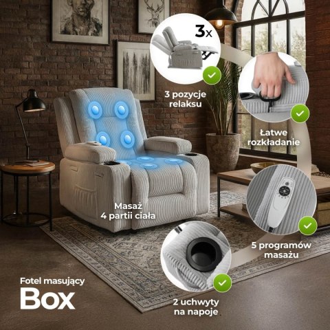 Fotel Rozkładany Masujący BOX Szary Sztruksowy