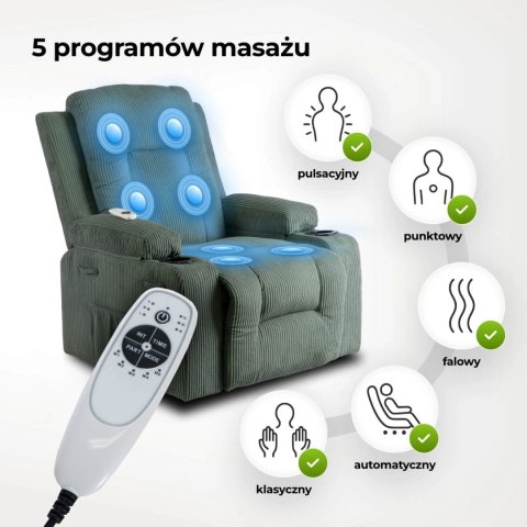 Fotel Rozkładany Masujący BOX Zielony Sztruksowy