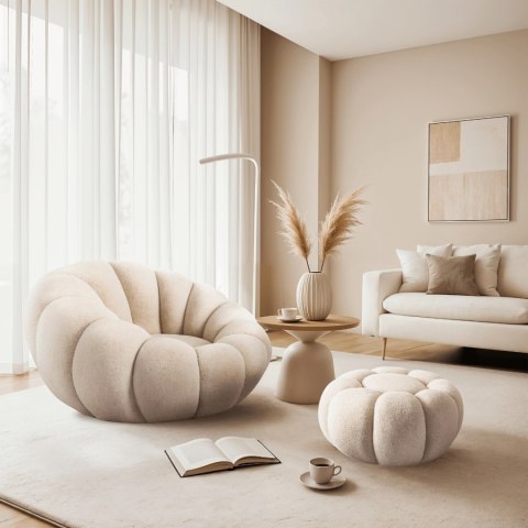 Fotel Wypoczynkowy Obrotowy PETTIT z Pufą Beżowy Boucle