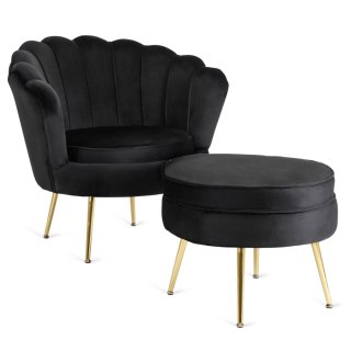 Fotel Wypoczynkowy GRAND z Podnóżkiem Muszelka Czarny Welurowy Glamour