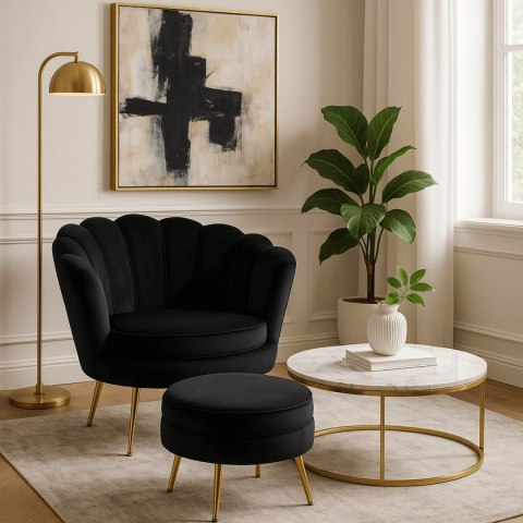 Fotel Wypoczynkowy GRAND z Podnóżkiem Muszelka Czarny Welurowy Glamour