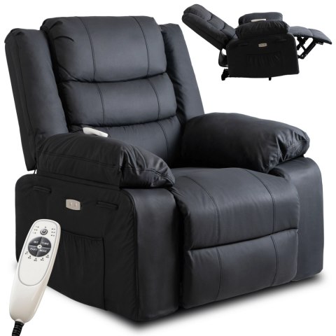 Fotel Masujący JASPER Elektryczny Rozkładany z Podnóżkiem Czarny Ekoskóra Nowoczesny