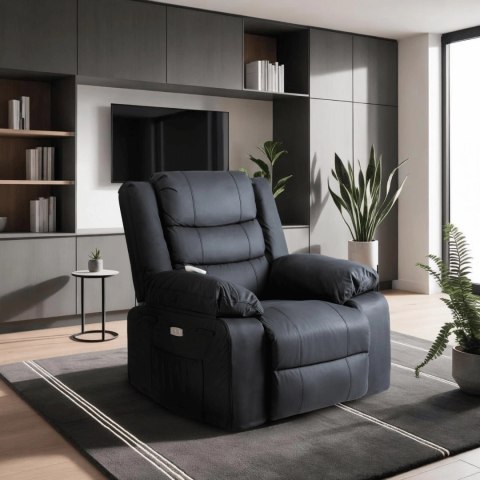 Fotel Masujący JASPER Elektryczny Rozkładany z Podnóżkiem Czarny Ekoskóra Nowoczesny