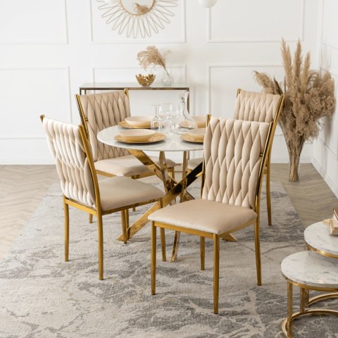 Stół BALI Szklany 100 cm Biały Marmur/Złoty