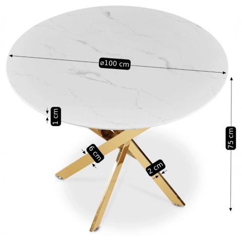 Stół BALI Szklany 100 cm Biały Marmur/Złoty