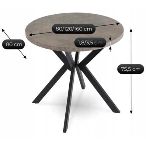 Stół DORIAN Rozkładany 80-160 cm Beton/Czarny
