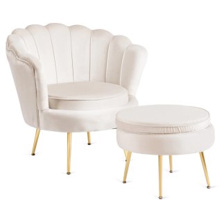 Fotel GRAND z Podnóżkiem Kremowy Welurowy