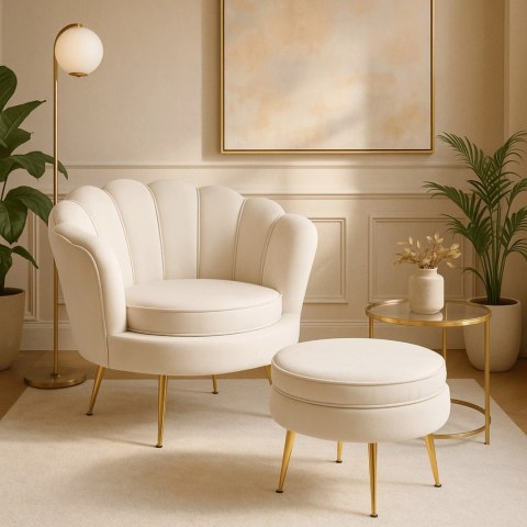 Fotel GRAND z Podnóżkiem Kremowy Welurowy