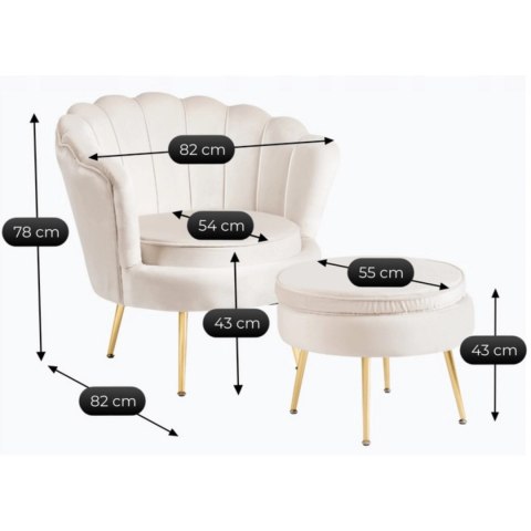 Fotel GRAND z Podnóżkiem Kremowy Welurowy
