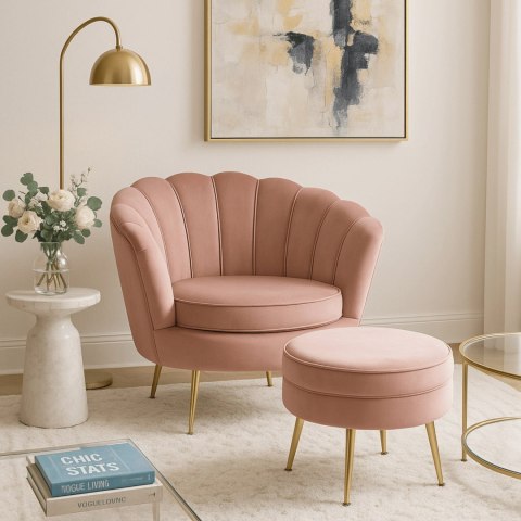 Fotel GRAND z Podnóżkiem Różowy Welurowy