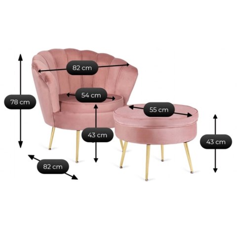 Fotel GRAND z Podnóżkiem Różowy Welurowy