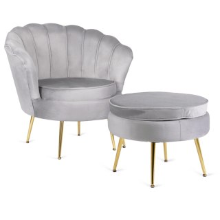 Fotel Wypoczynkowy GRAND z Podnóżkiem Muszelka Szary Welurowy Glamour