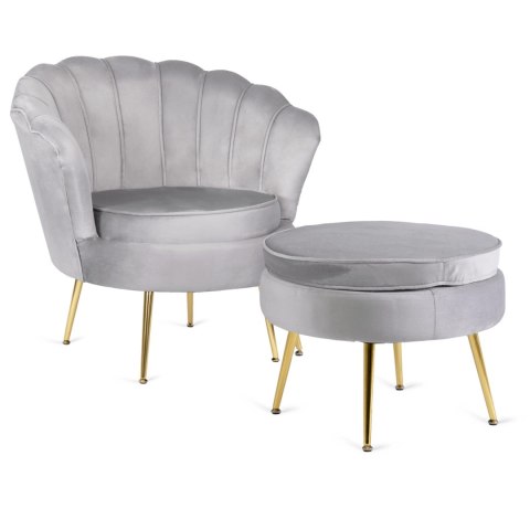 Fotel Wypoczynkowy GRAND z Podnóżkiem Muszelka Szary Welurowy Glamour