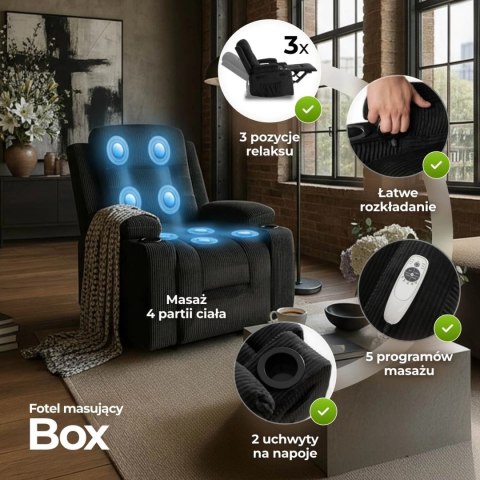Fotel Rozkładany Masujący BOX Czarny Sztruksowy