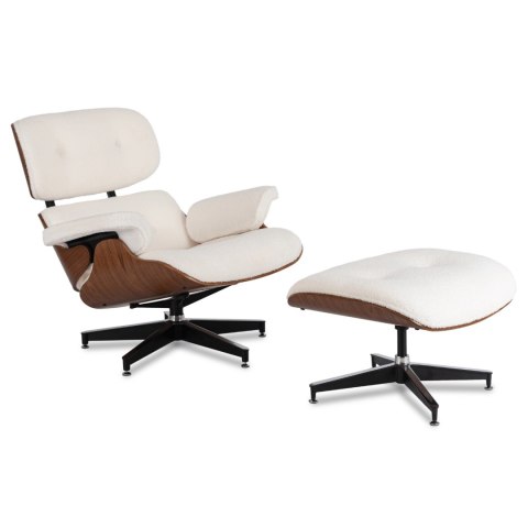 Fotel Wypoczynkowy PALERMO z Podnóżkiem Biały Boucle