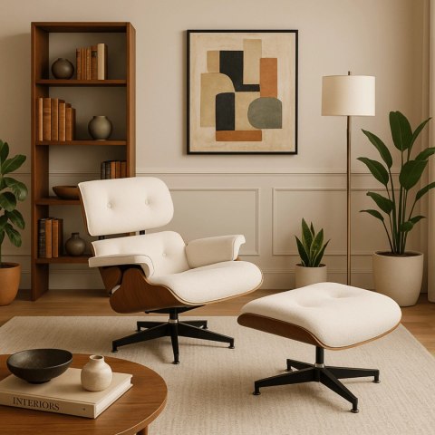 Fotel Wypoczynkowy PALERMO z Podnóżkiem Biały Boucle