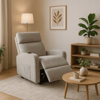 Fotel Wypoczynkowy COLTON z Funkcją Wstawania Elektrycznie Rozkładany Szary Welurowy Nowoczesny