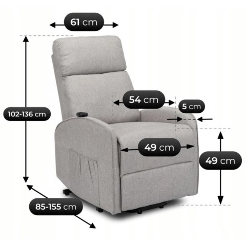 Fotel Wypoczynkowy COLTON z Funkcją Wstawania Elektrycznie Rozkładany Szary Nowoczesny