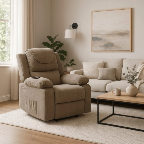 Fotel Masujący Elektrycznie Rozkładany FENIX z Funkcją Wstawania Beżowy