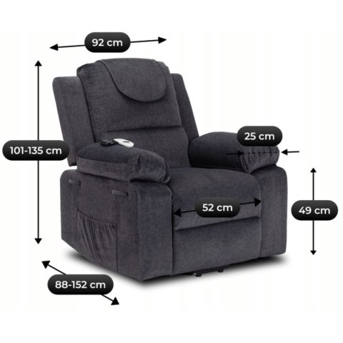 Fotel Masujący Elektrycznie Rozkładany FENIX z Funkcją Wstawania Ciemny Popiel