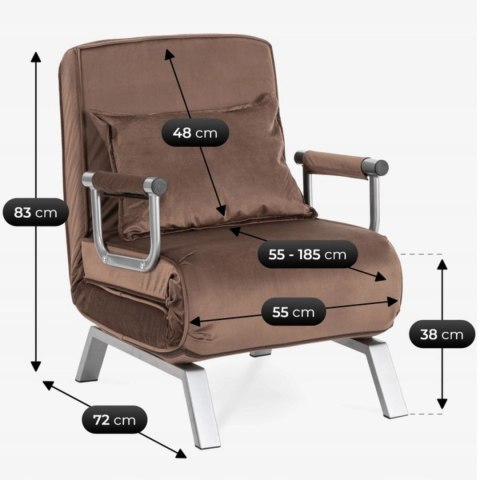 Fotel Rozkładany BART Wypoczynkowy Brązowy Welurowy do Spania Leżanka Nowoczesny