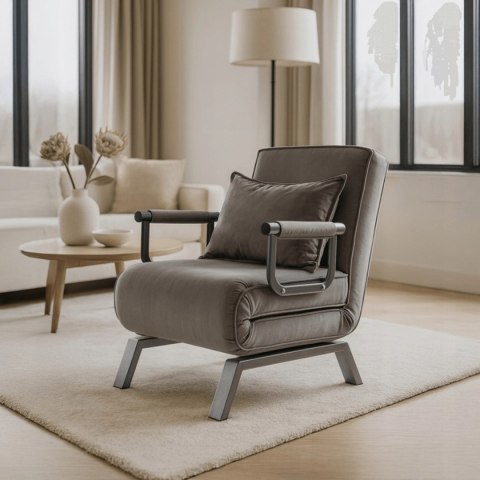 Fotel Rozkładany BART Wypoczynkowy Szary Welurowy do Spania Leżanka Nowoczesny