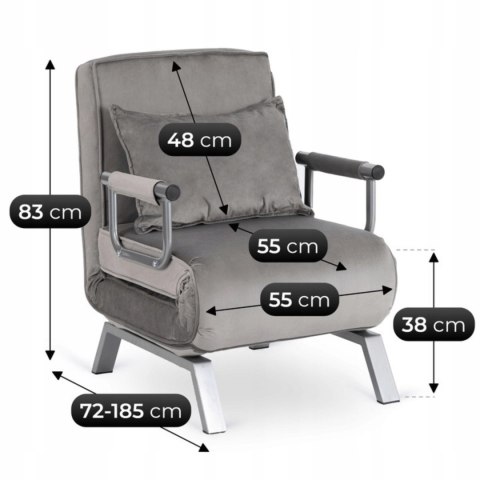 Fotel Rozkładany BART Wypoczynkowy Szary Welurowy do Spania Leżanka Nowoczesny
