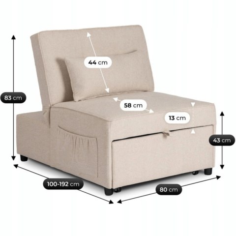 Fotel Wypoczynkowy Rozkładany IBERIS 80 cm Beżowy Tapicerowany Nowoczesny