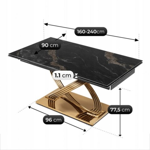 Stół IBIZA Ceramiczny Rozkładany 160-240 cm Czarny Marmur/Złoty