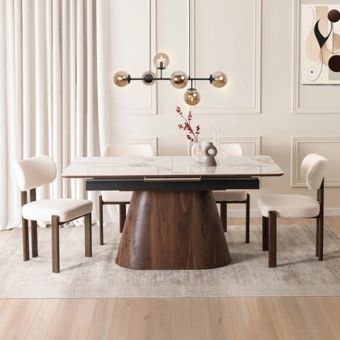 Stół LIZBONA Ceramiczny Rozkładany 160-200 cm Biały Marmur/Orzech