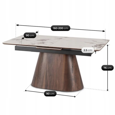 Stół LIZBONA Ceramiczny Rozkładany 160-200 cm Biały Marmur/Orzech
