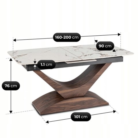 Stół ALICANTE Ceramiczny Rozkładany 160-200 cm Biały Marmur/Orzech