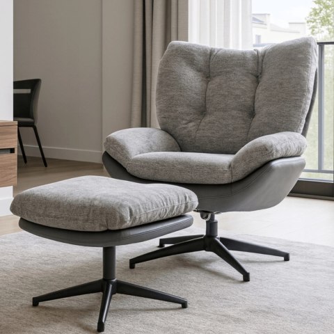Fotel Wypoczynkowy Obrotowy FREMONT z Podnóżkiem Szary/Czarny