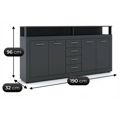 Komoda Czterodrzwiowa z Szufladami BLAGO 190 cm Antracyt Nowoczesna
