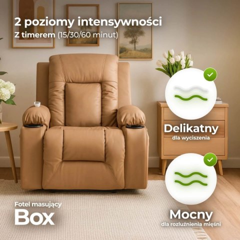 Fotel Masujący BOX Rozkładany z Podnóżkiem Karmelowy Ekoskóra Nowoczesny